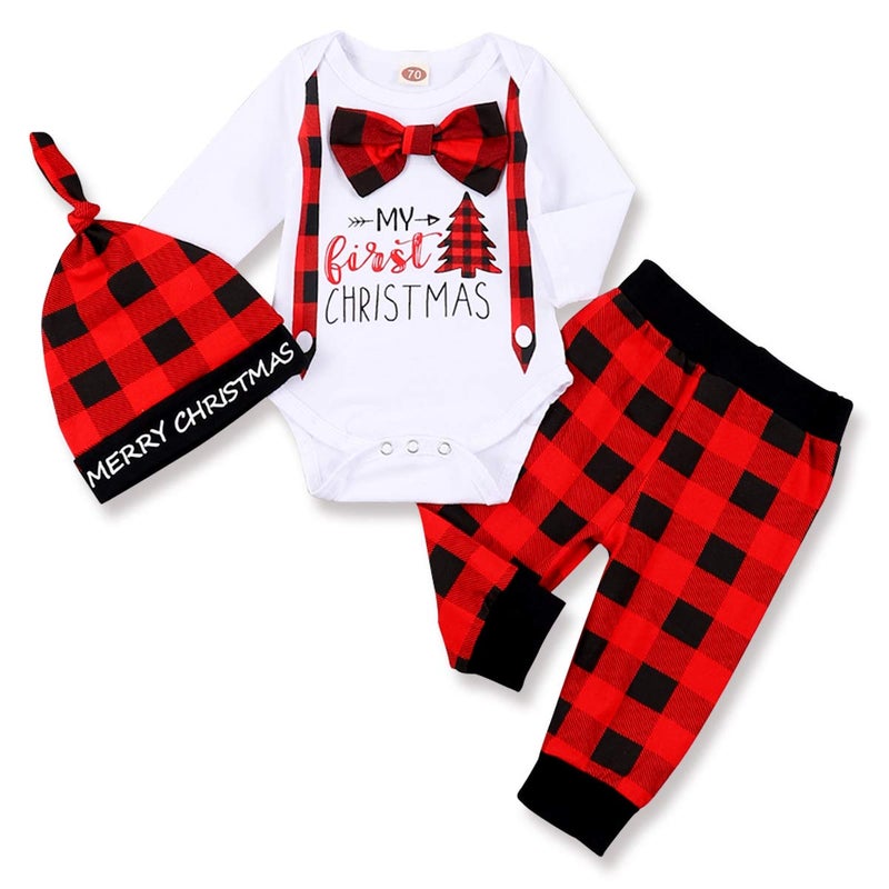 bilison Infant Baby Boy Christmas Outfit My First Christmas Gentleman Romper Red Plaid Pants with Hat Clothes Sets - Image 1